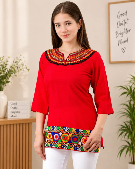 Red Embroidered Printed Kurti
