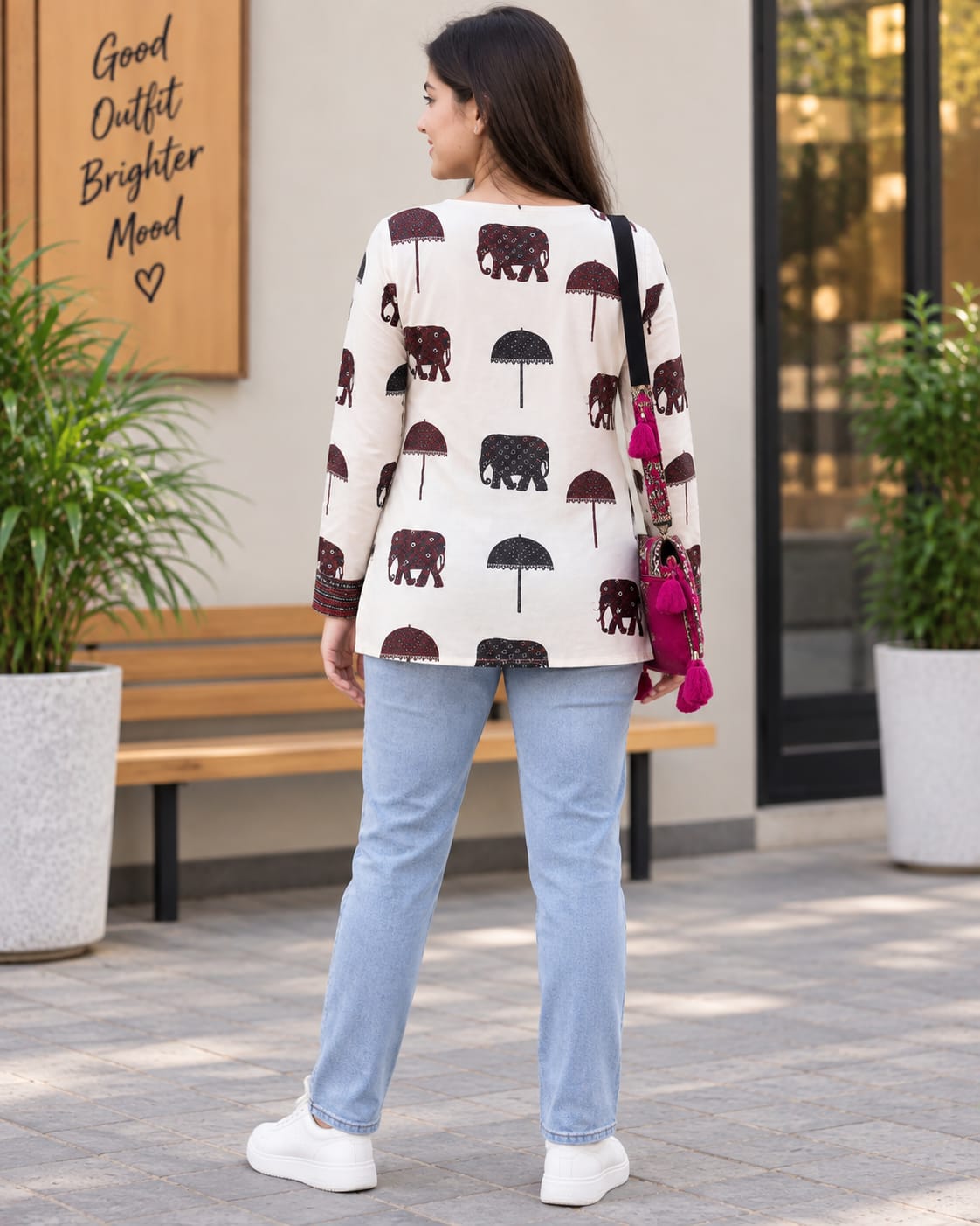 Printed Cotton Kurti – Elephant & Umbrella Print