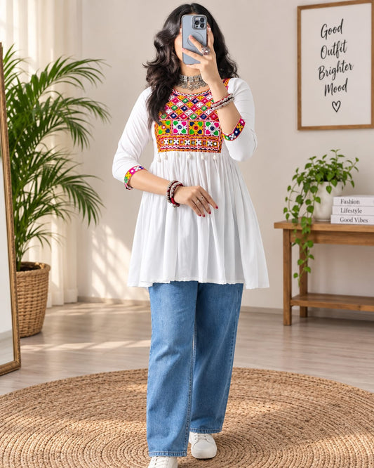 White Base Multicolour Embroidered Anarkali-Style Tunic Kurti