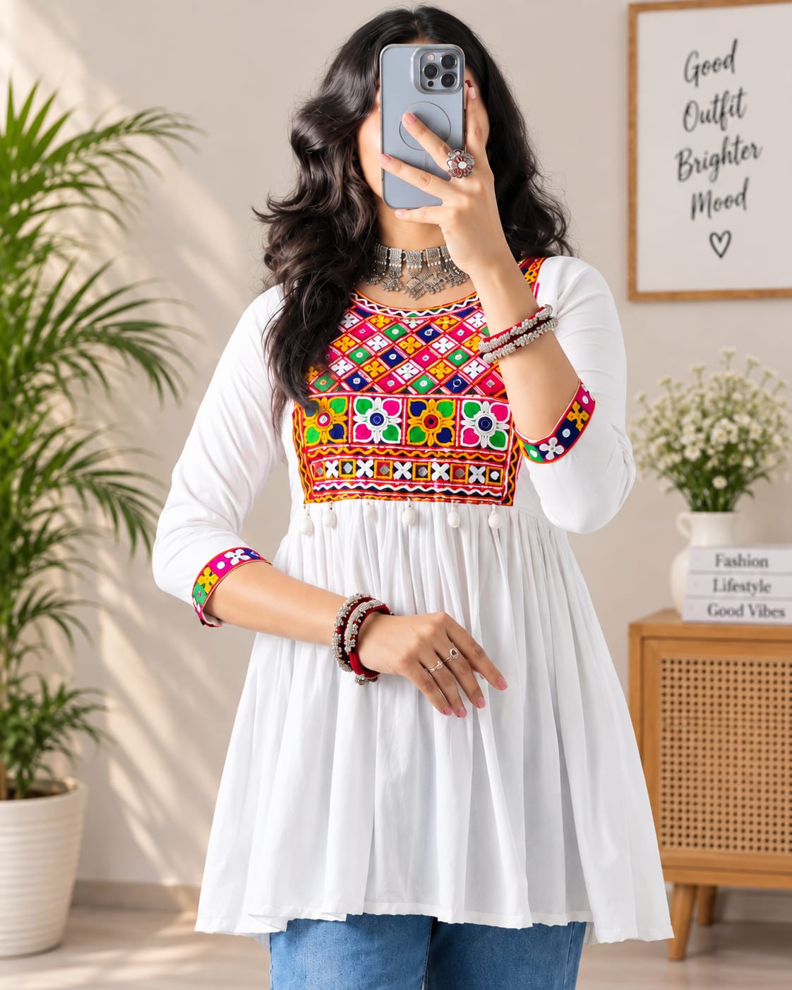 White Base Multicolour Embroidered Anarkali-Style Tunic Kurti