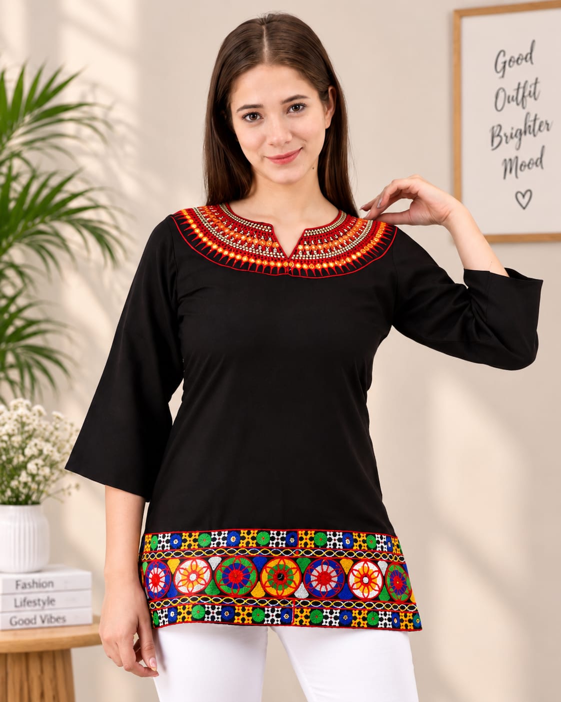 Black Multicolor Embroidered Short Kurti