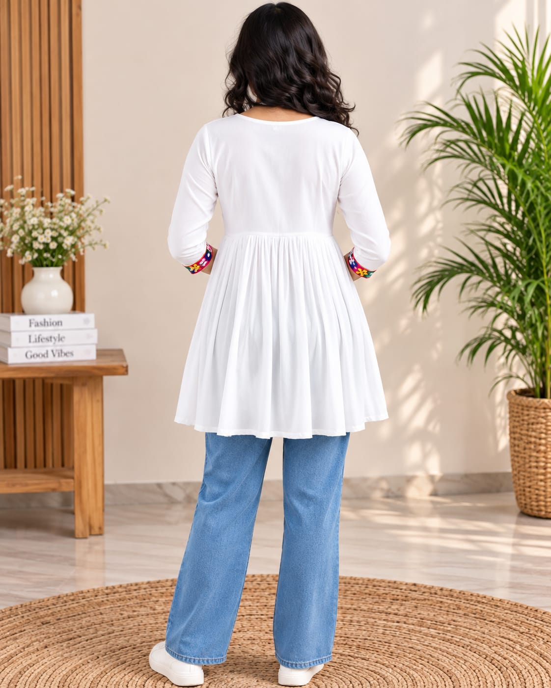 White Base Multicolour Embroidered Anarkali-Style Tunic Kurti