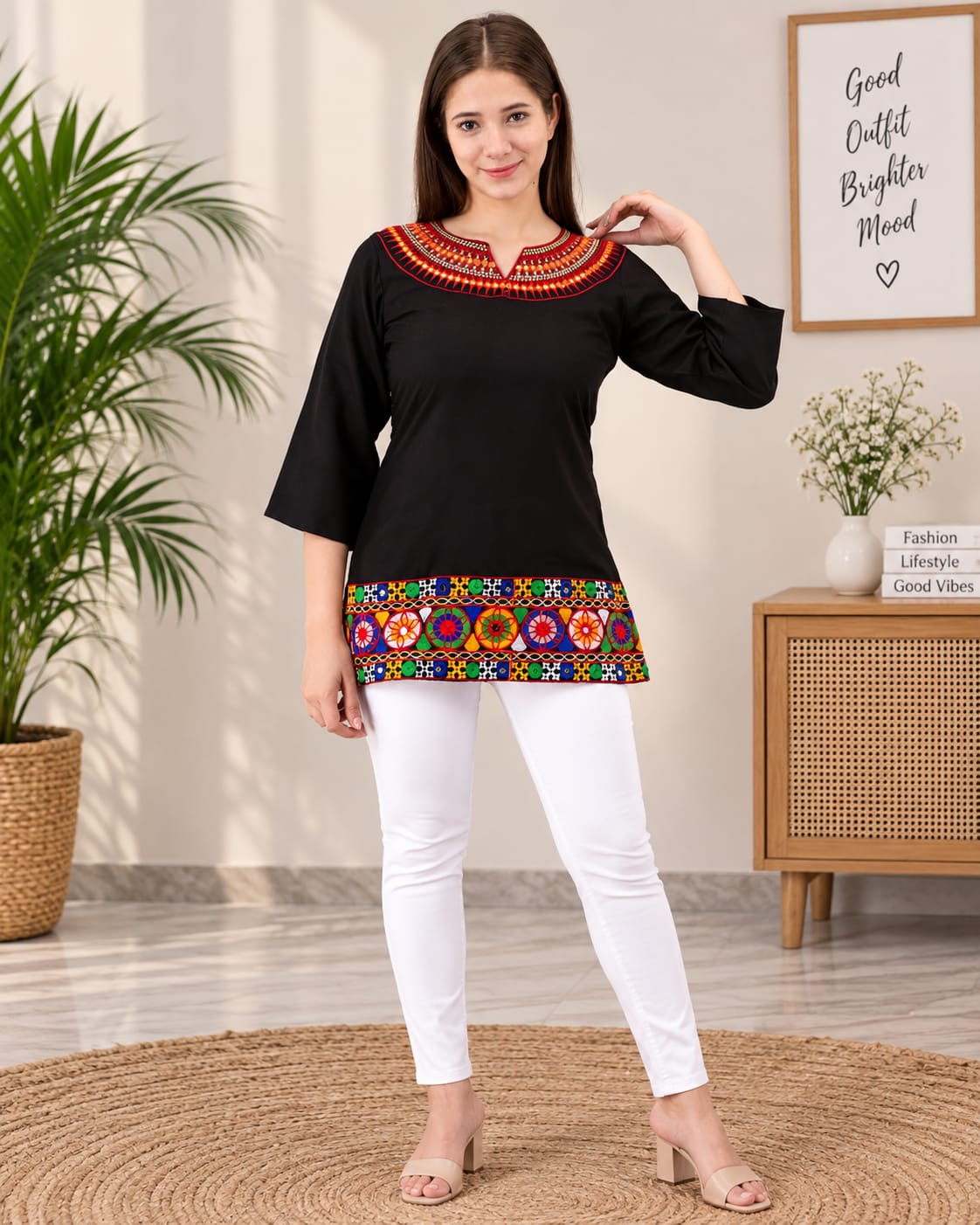 Black Multicolor Embroidered Short Kurti