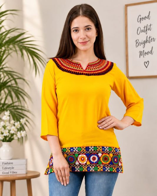 Yellow Multicolour Short Kurti