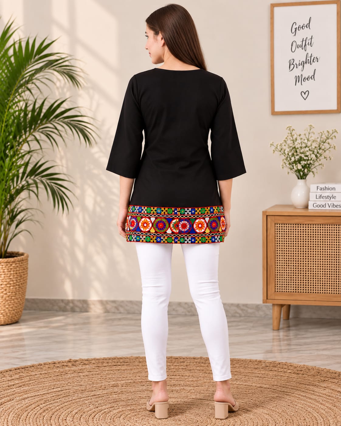 Black Multicolor Embroidered Short Kurti