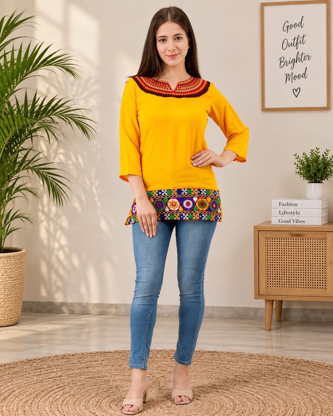 Yellow Multicolour Short Kurti