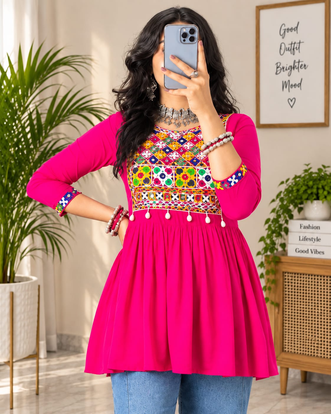 Hot Pink Multicolour Embroidered Anarkali Kurti