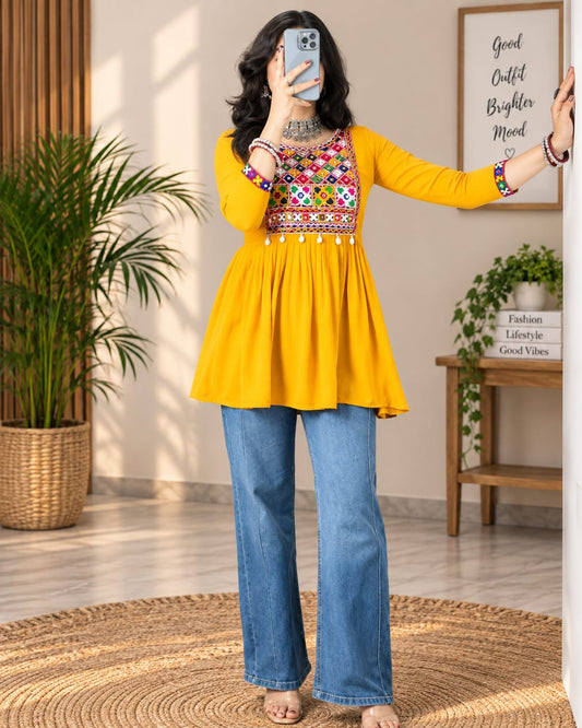 Yellow Multicolour Anarkali Kurti