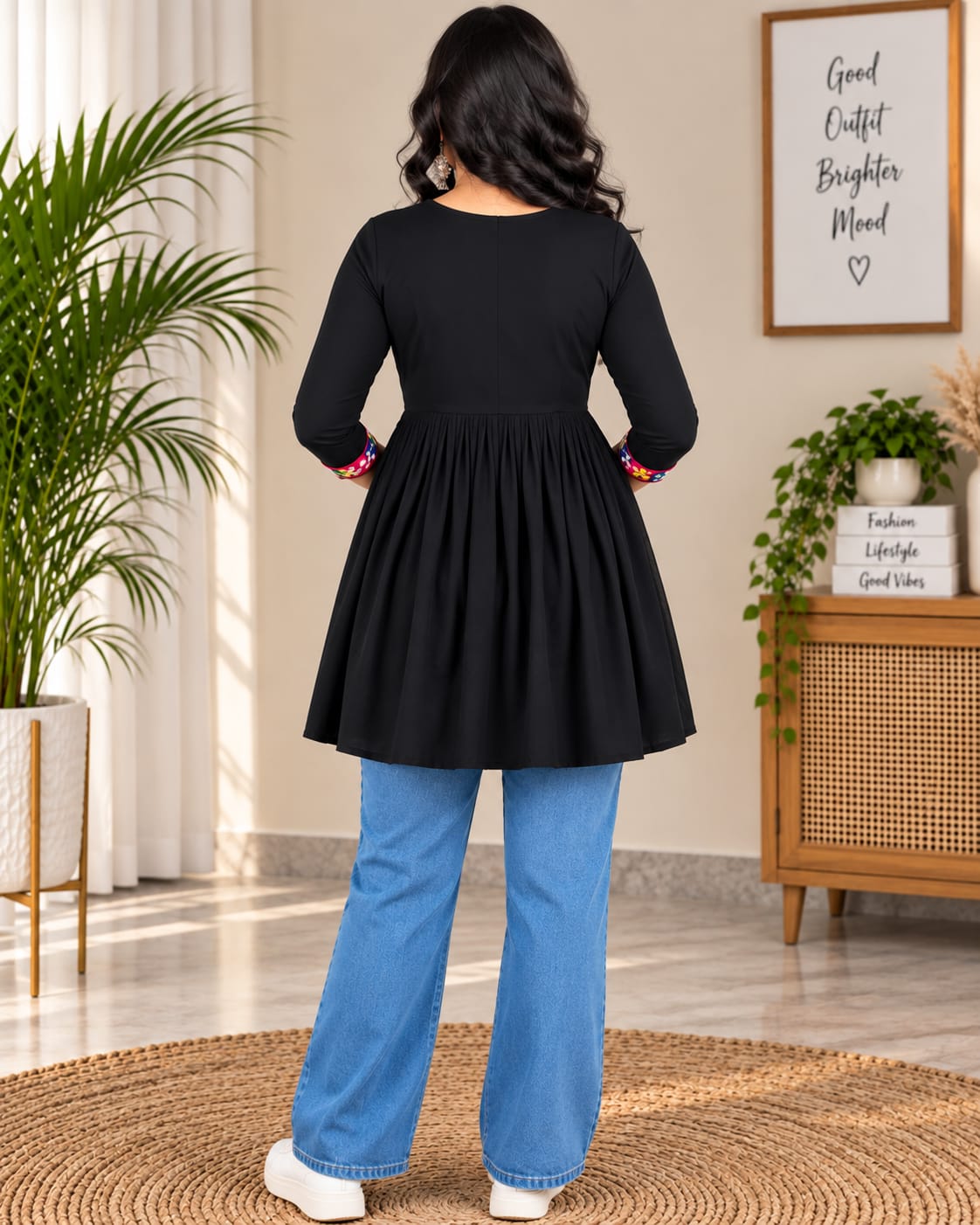 Black Multicolour Embroidered Anarkali Short Kurti