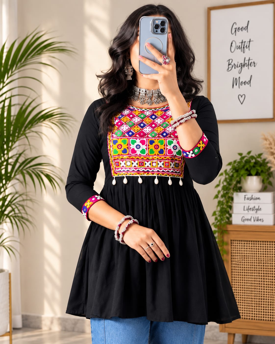 Black Multicolour Embroidered Anarkali Short Kurti