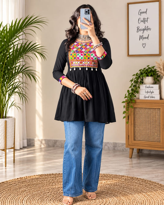 Black Multicolour Embroidered Anarkali Short Kurti