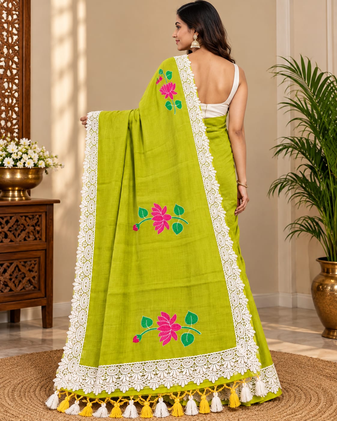 Lime Green Floral Khadi Cotton Saree