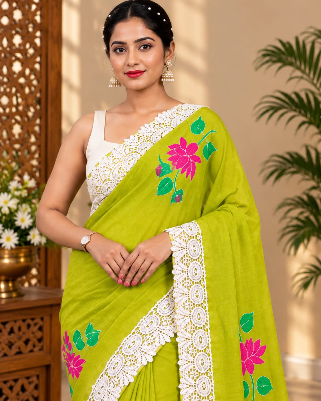 Lime Green Floral Khadi Cotton Saree