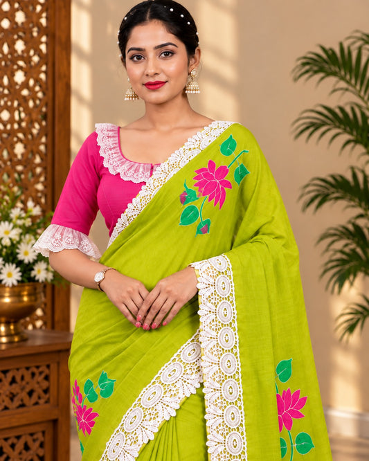 Lime Green Floral Khadi Cotton Saree