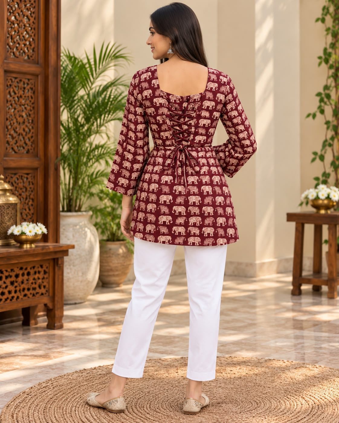 MAROON ELEPHANT PRINT COTTON KURTI