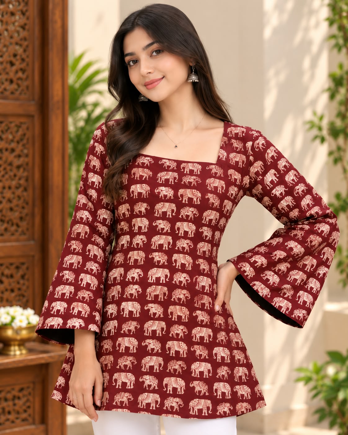 MAROON ELEPHANT PRINT COTTON KURTI
