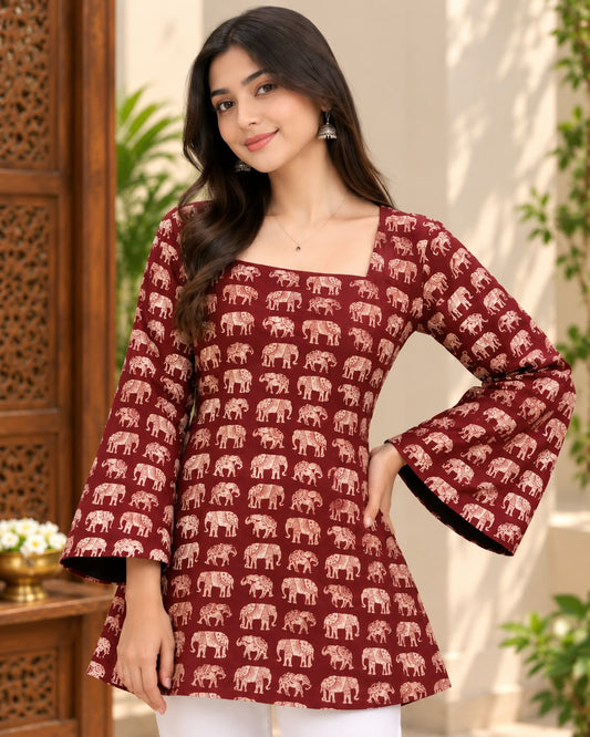 MAROON ELEPHANT PRINT COTTON KURTI