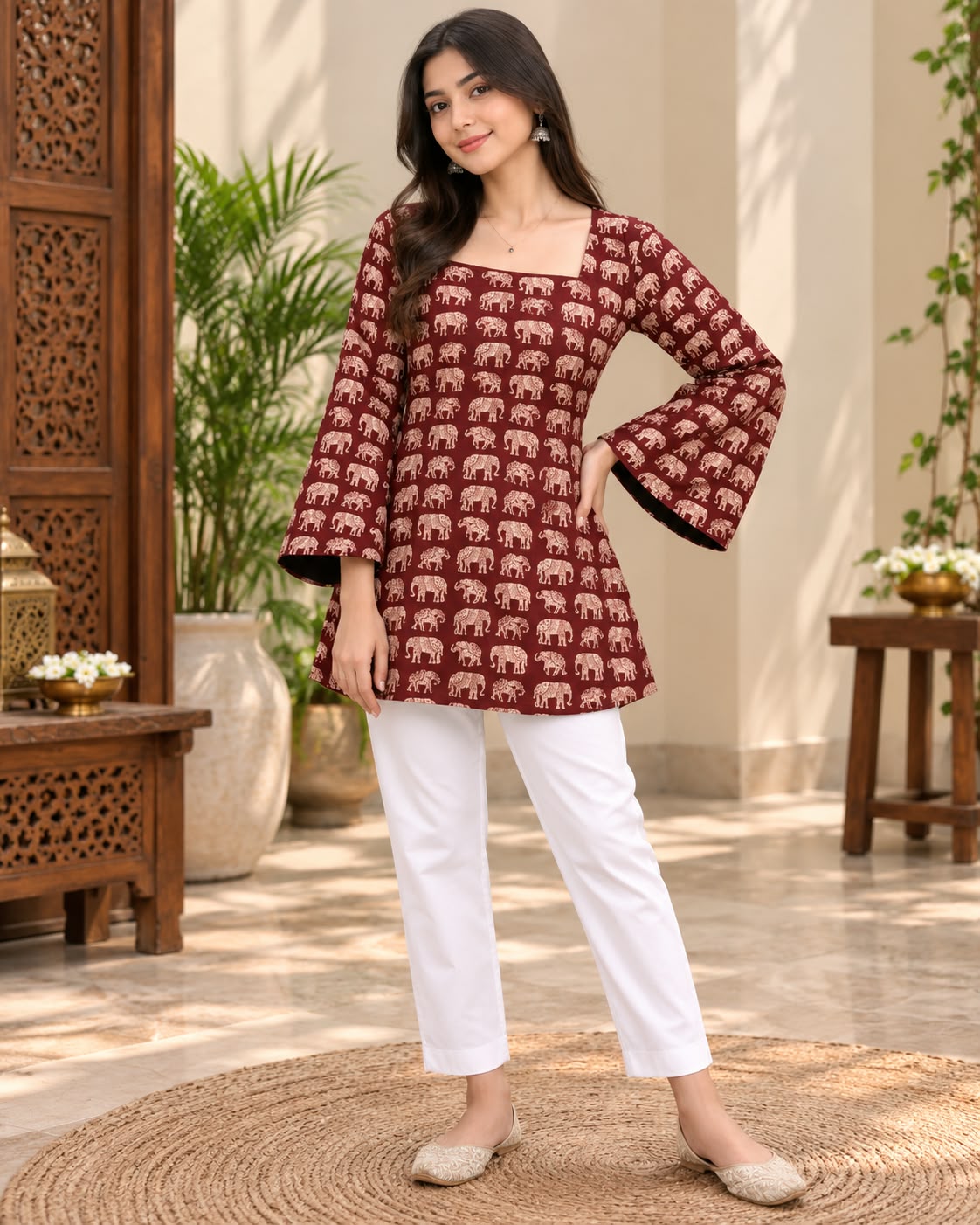 MAROON ELEPHANT PRINT COTTON KURTI