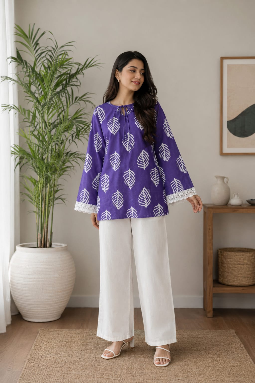 Leaf Print Lace Sleeve Top