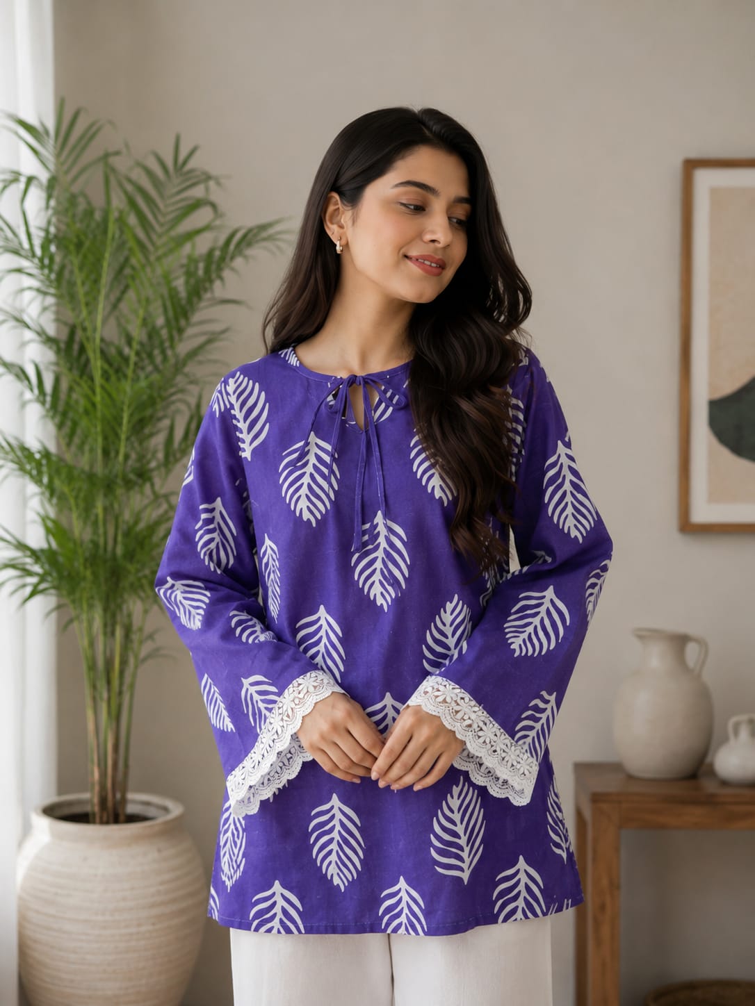 Leaf Print Lace Sleeve Top