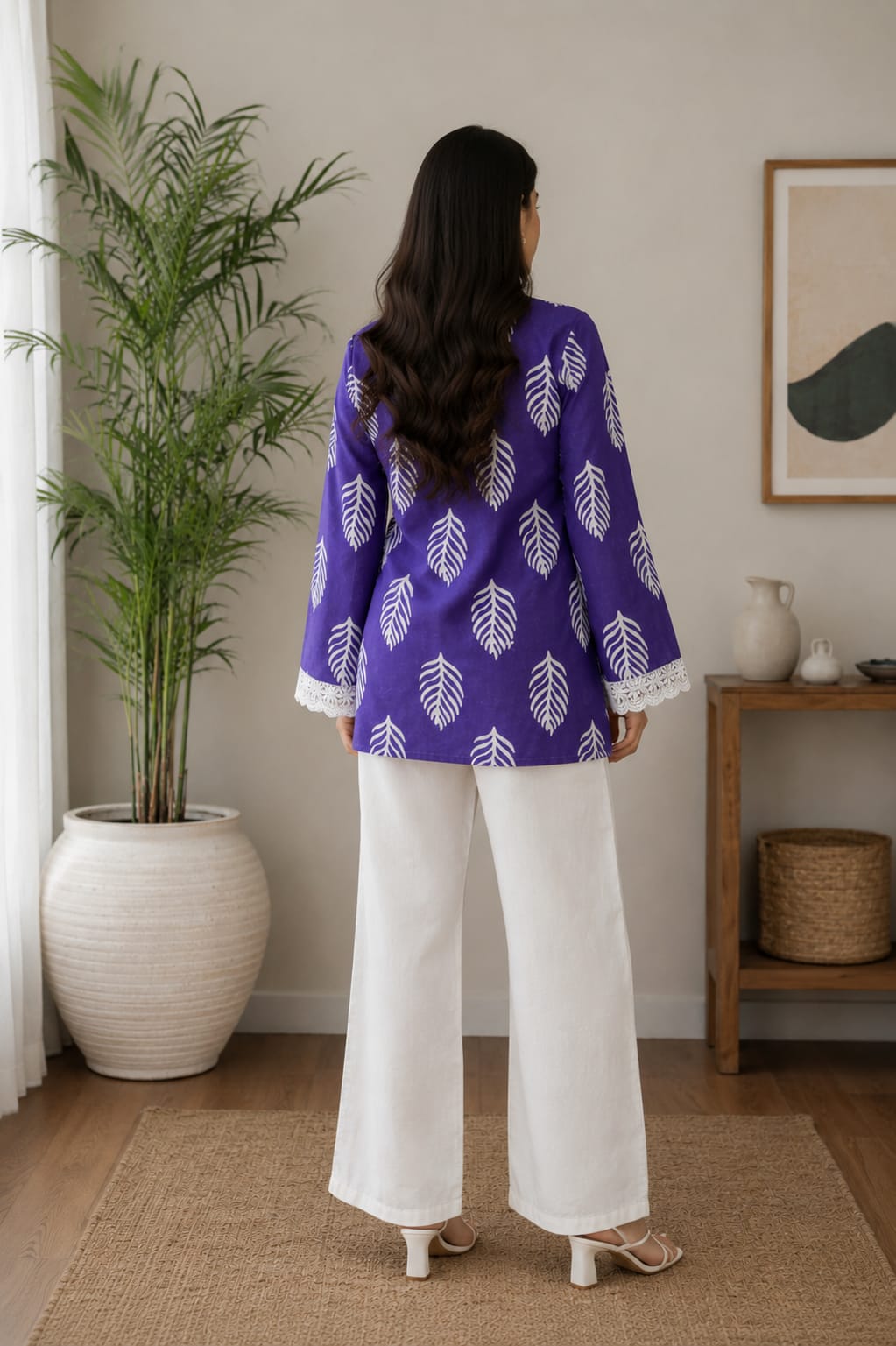 Leaf Print Lace Sleeve Top