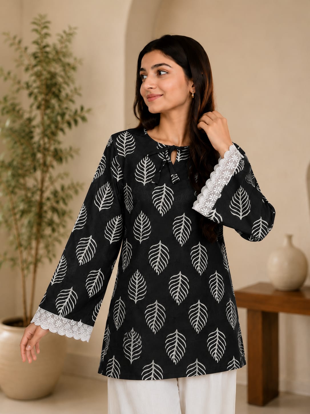 Leaf Print Lace Sleeve Top
