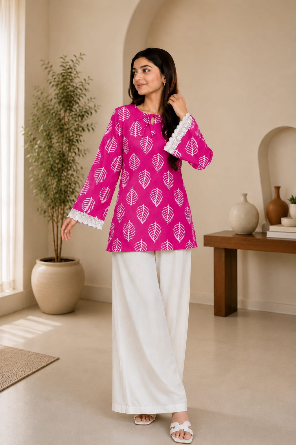 Leaf Print Lace Sleeve Top