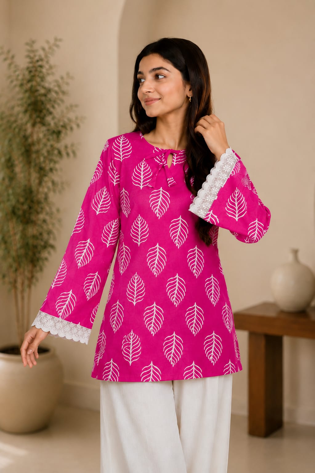 Leaf Print Lace Sleeve Top