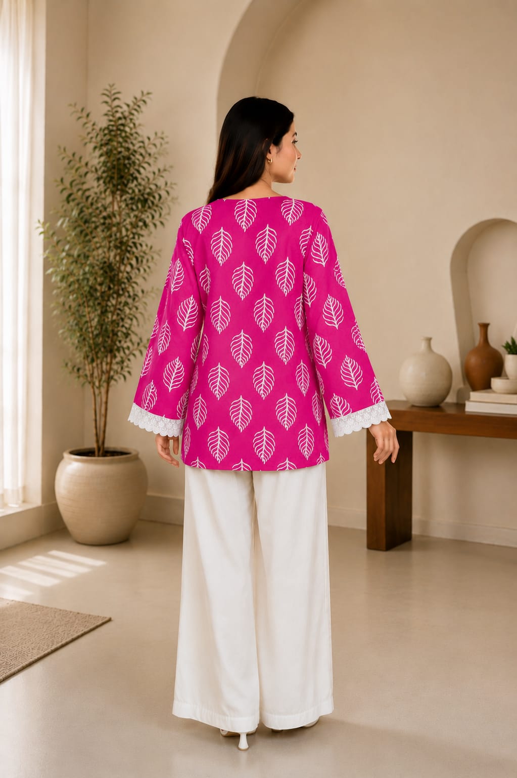 Leaf Print Lace Sleeve Top