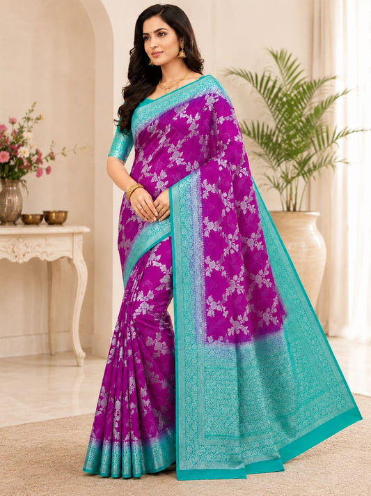Premium Banarasi Jaal Silk Saree – Royal Magenta & Aqua Blue Collection