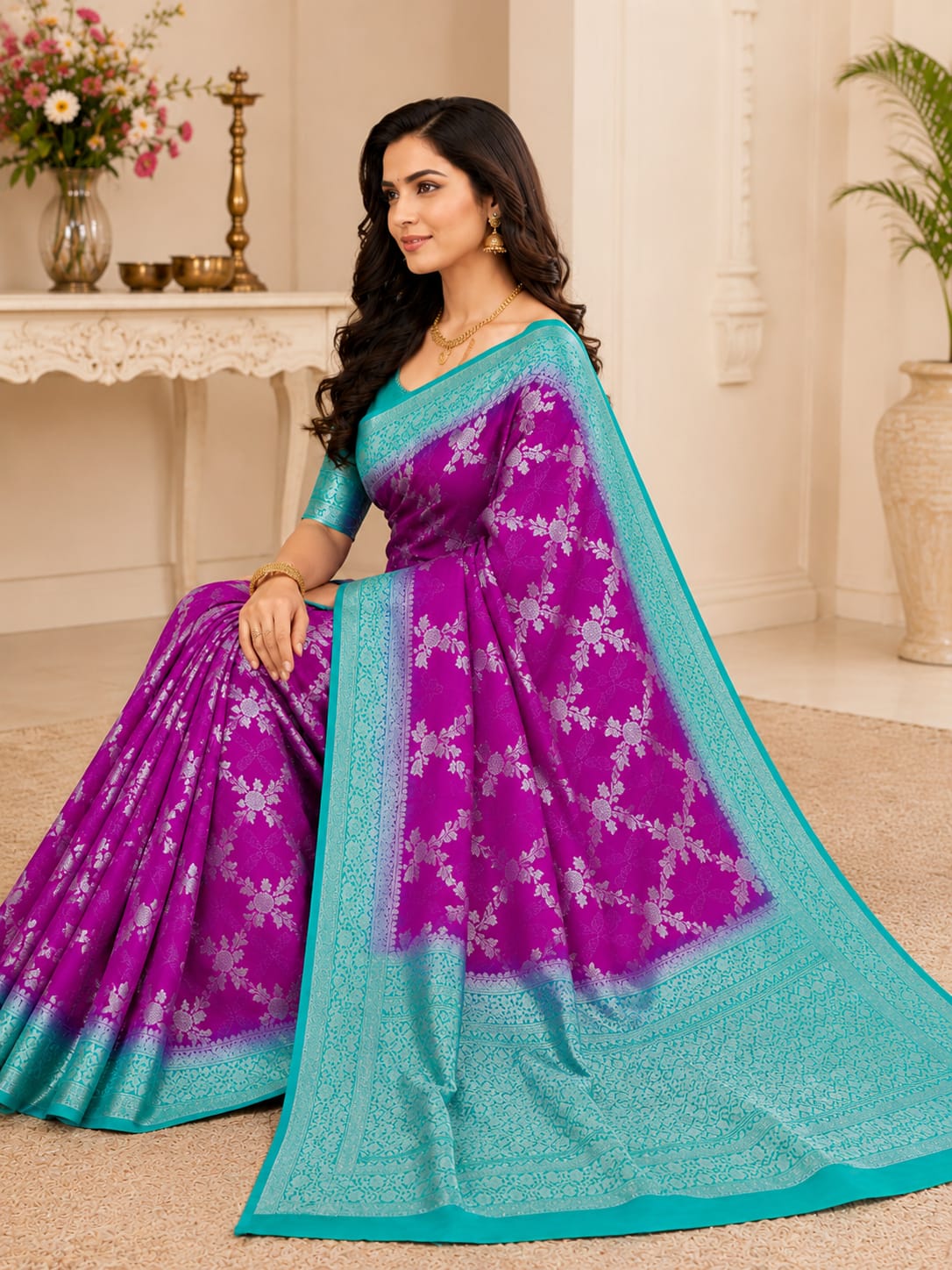 Premium Banarasi Jaal Silk Saree – Royal Magenta & Aqua Blue Collection