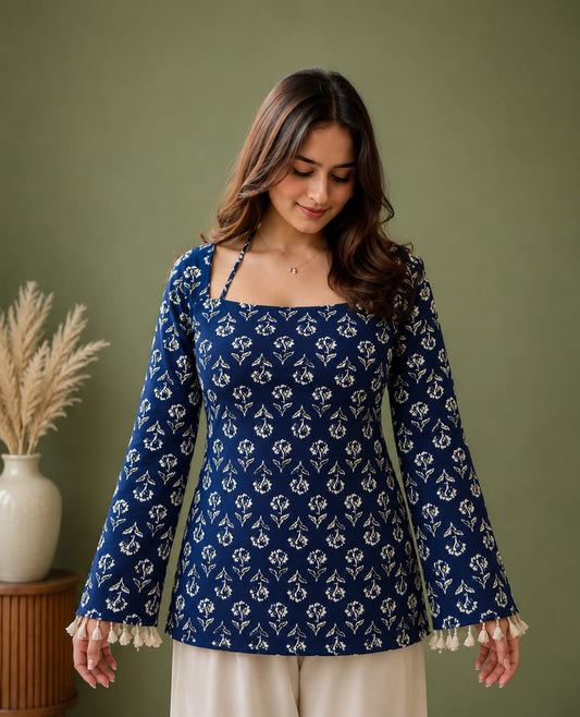 NEW ARRIVALS-Navy Blue Printed Bell Sleeve Top