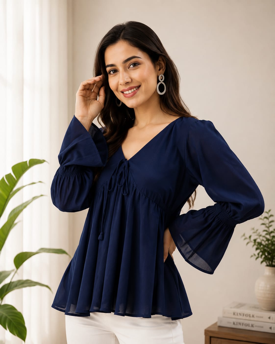 NEW ARRIVALS | Navy Blue Tie-Back Flared Top