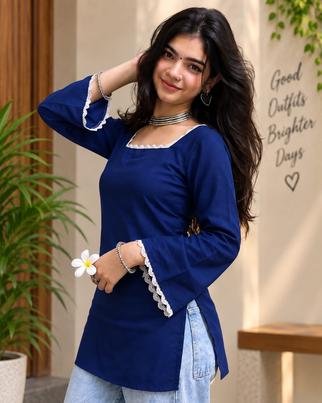 Navy Blue Solid Lace-Detail Bell Sleeve Kurti